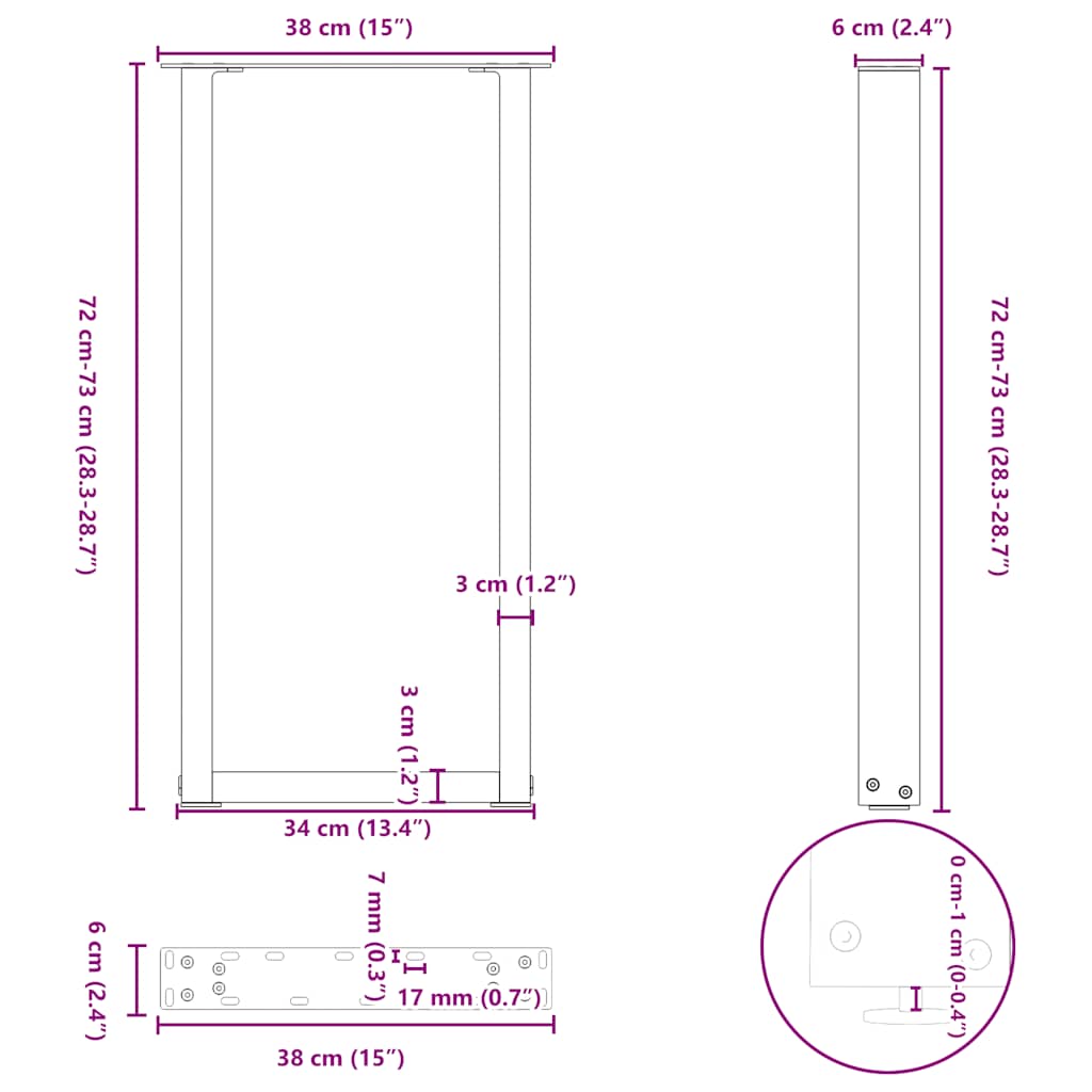 konsolbordben U-formet 2 stk. antracit 38 x (72-73) cm stål