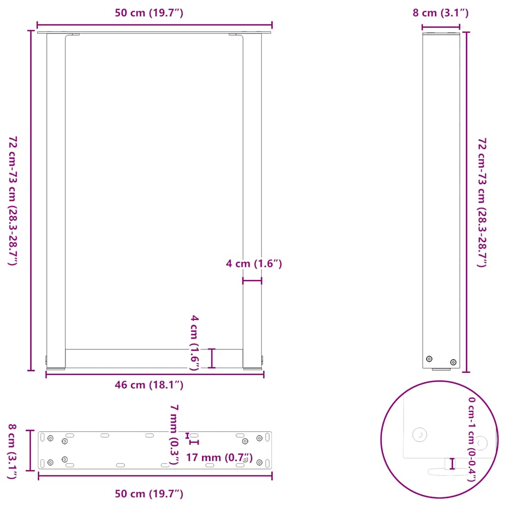 spisebordsben U-formet 2 stk. hvid 50x(72-73) cm stål