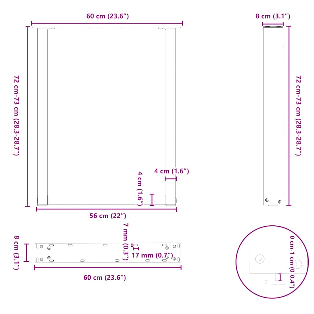 spisebordsben U-formet 2 stk. sort 60 x (72-73) cm stål