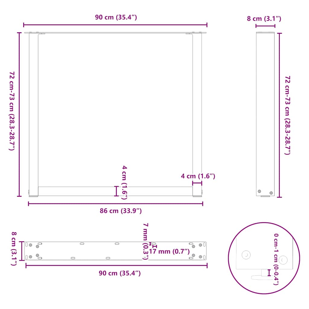 spisebordsben U-formet 2 stk. naturstål 90 x (72-73) cm stål