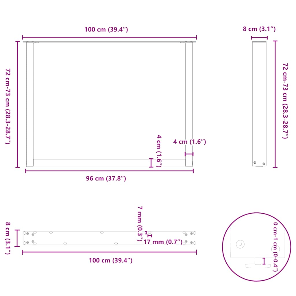 spisebordsben U-formet 3 Stk. antracit 100x(72-73) cm stål