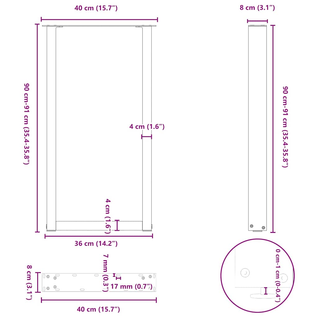 barbordsben U-formet 2 stk. sort 40x(90-91) cm stål