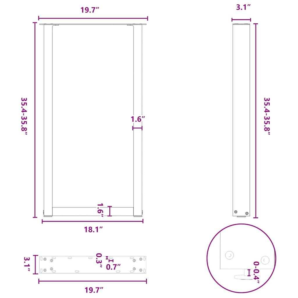 barbordsben U-formet 2 stk. antracit 50x(90-91) cm stål