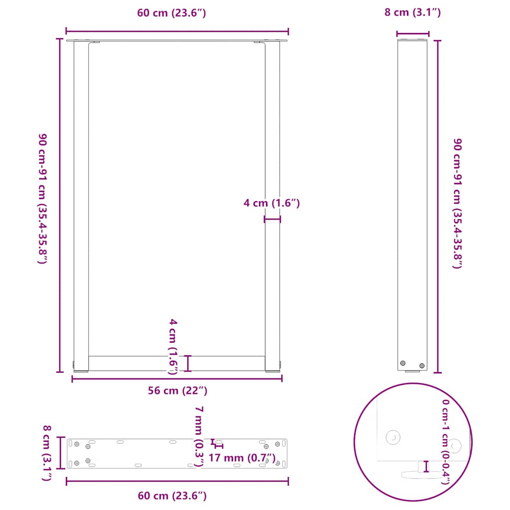 barbordsben U-formet 2 stk. sort 60x(90-91) cm stål
