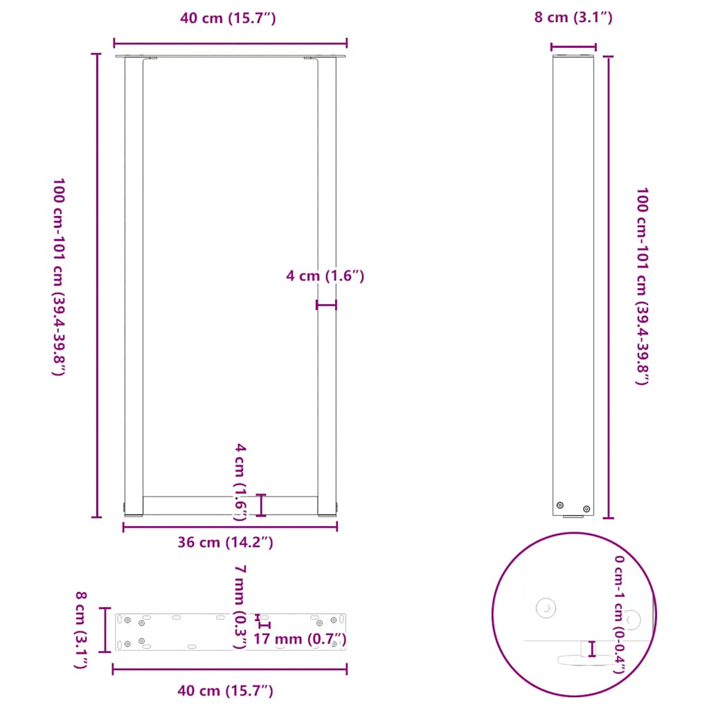 barbordsben U-formet 2 stk. hvid 40x(100-101) cm stål