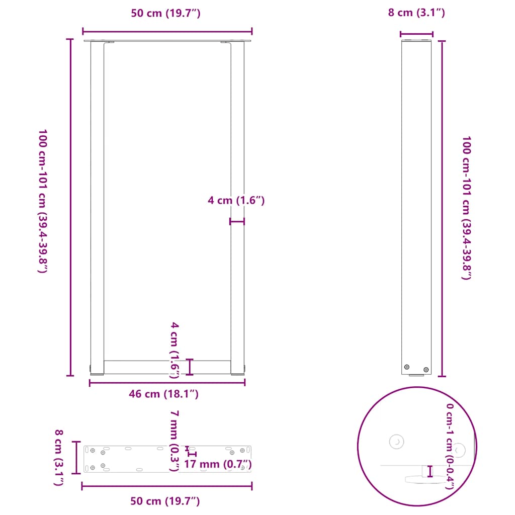 barbordsben U-formet 2 stk. hvid 50x(100-101) cm stål
