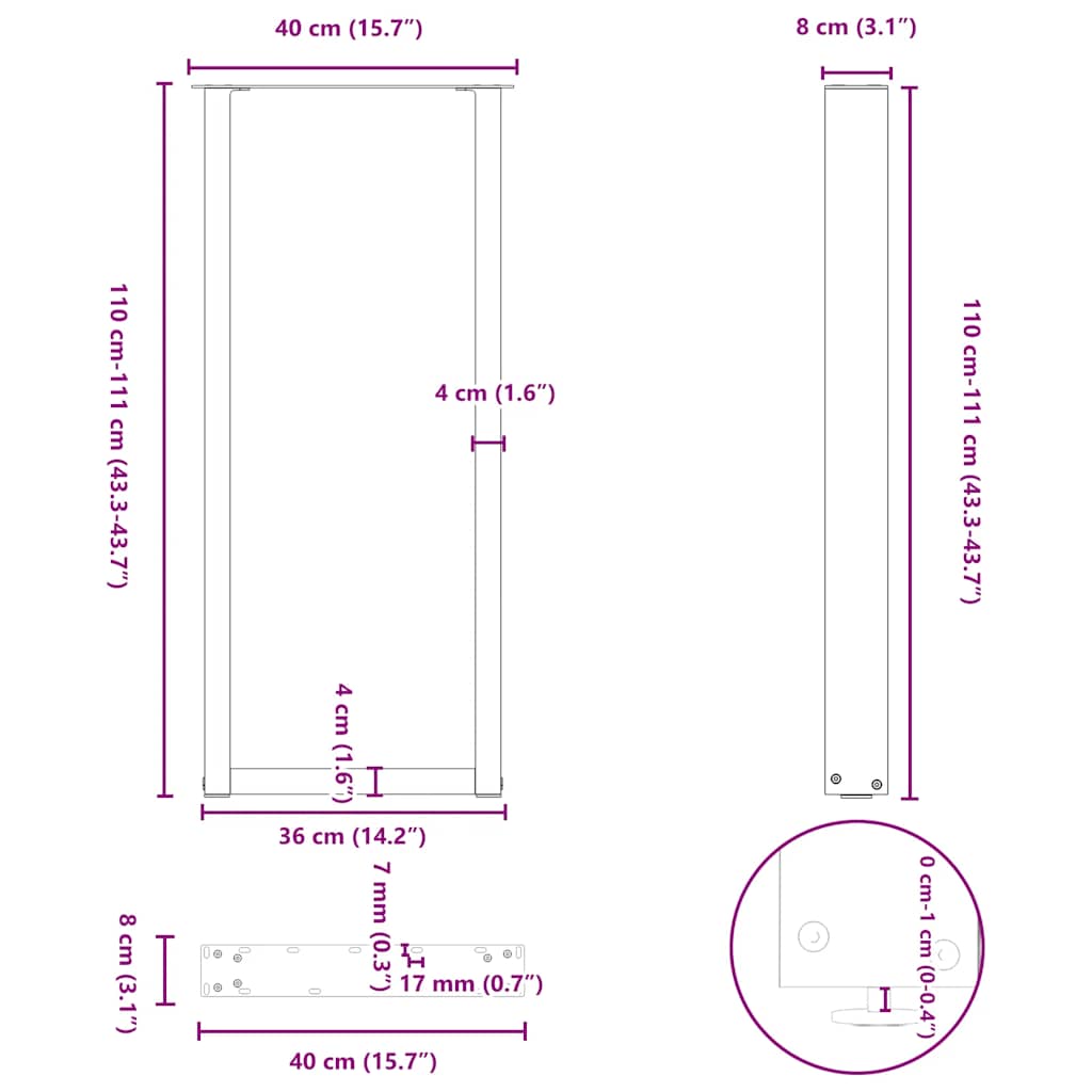barbordsben U-formet 2 stk. hvid 40x(110-111) cm stål