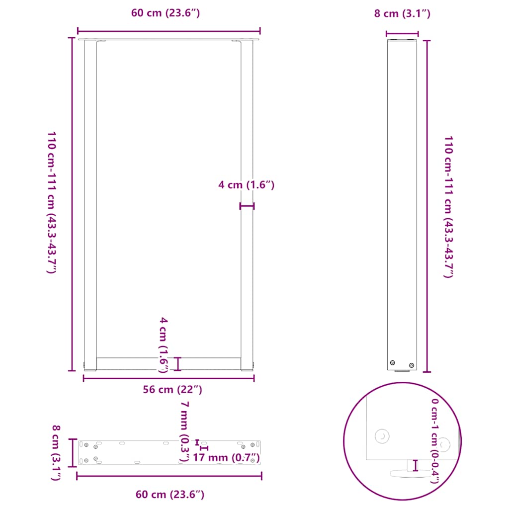 barbordsben U-formet 2 stk. hvid 60 x (110-111) cm stål