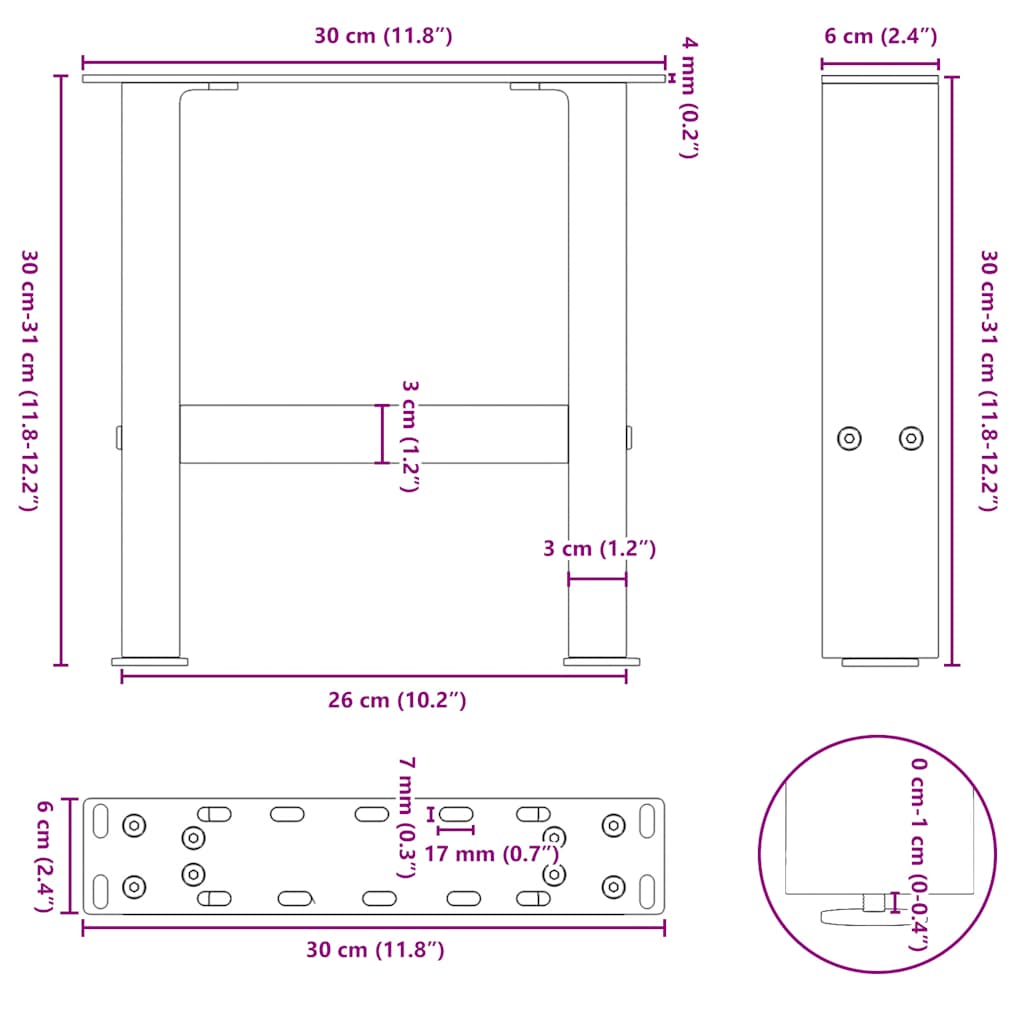sofabordsben naturstål 2 stk. 30x(30-31) cm stål