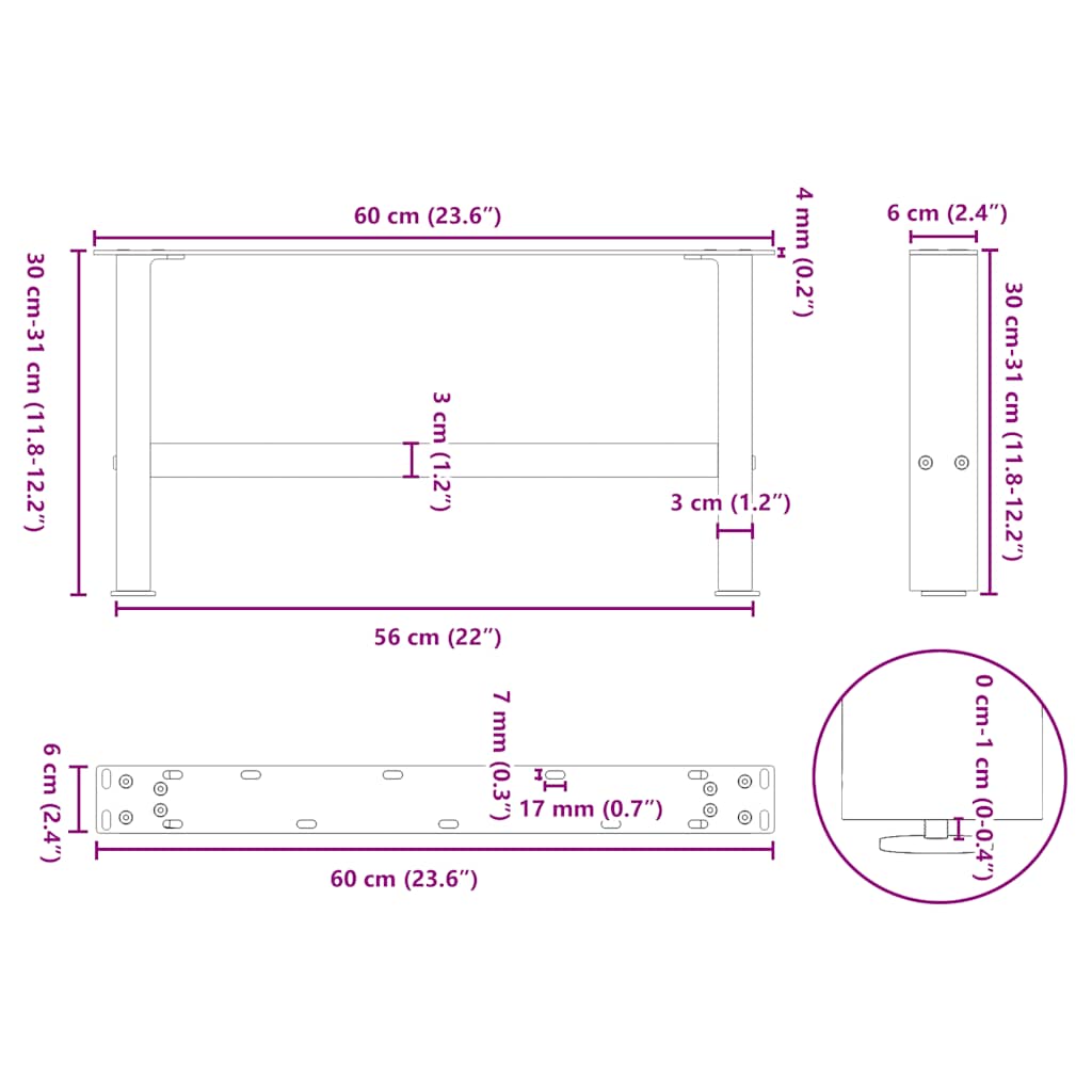 sofabordsben hvide 2 stk. 60x(30-31) cm stål