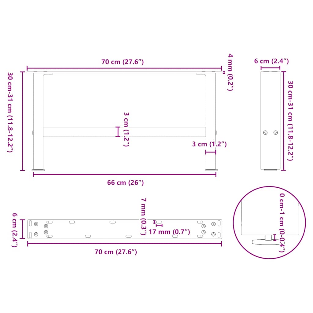 sofabordsben naturstål 2 stk. 70x(30-31) cm stål