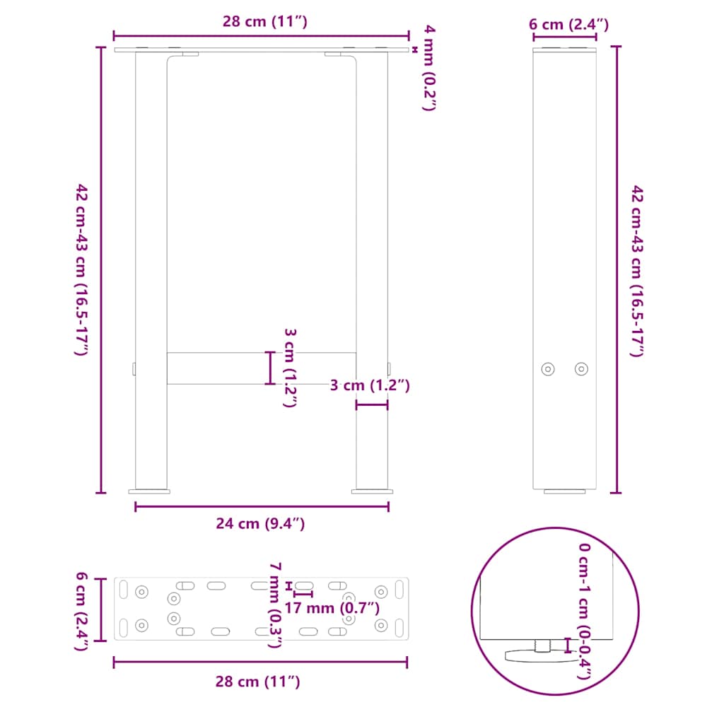 sofabordsben naturstål 2 stk. 28 x (42-43) cm stål