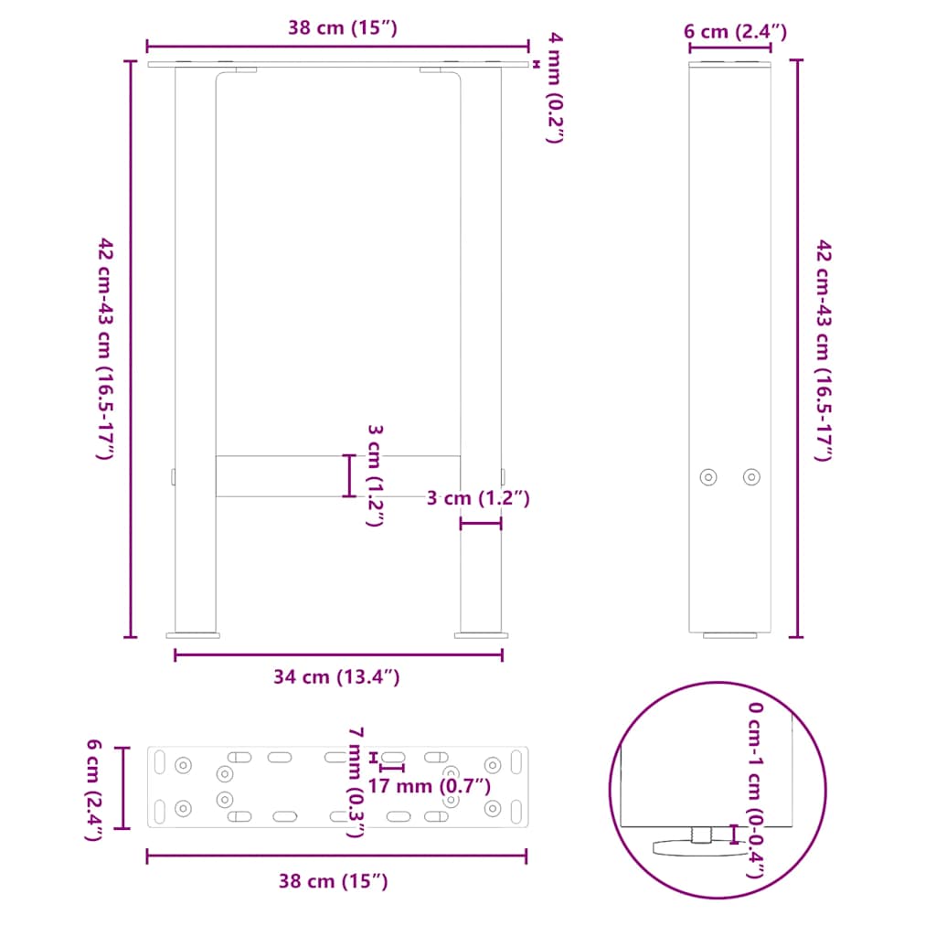 sofabordsben sort 2 stk. 38 x (42-43) cm stål