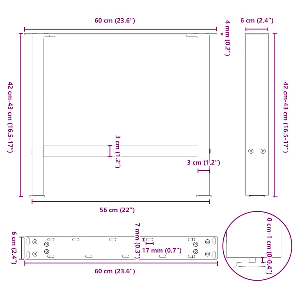 sofabordsben sort 2 stk. 60 x (42-43) cm stål