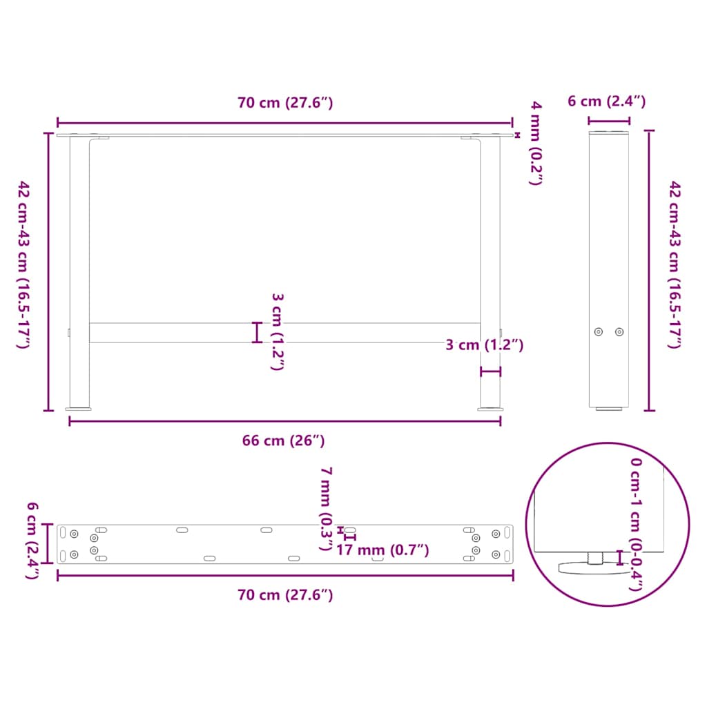 sofabordsben sort 2 stk. 70 x (42-43) cm stål