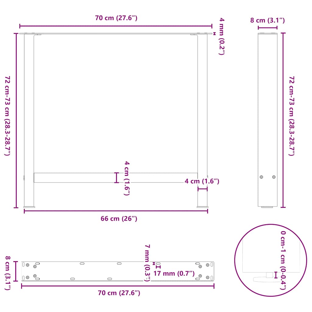 spisebordsben sort 2 stk. 70x(72-73) cm stål