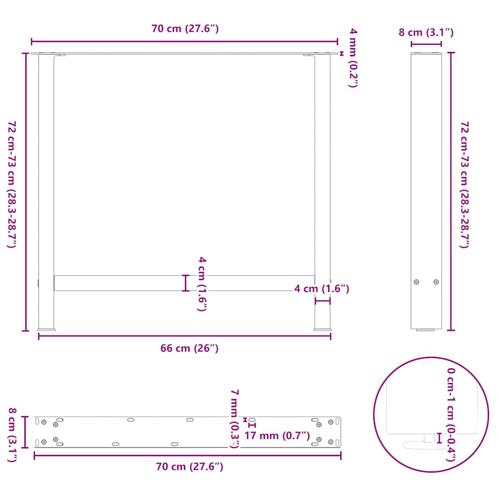spisebordsben naturstål 2 stk. 70x(72-73) cm stål