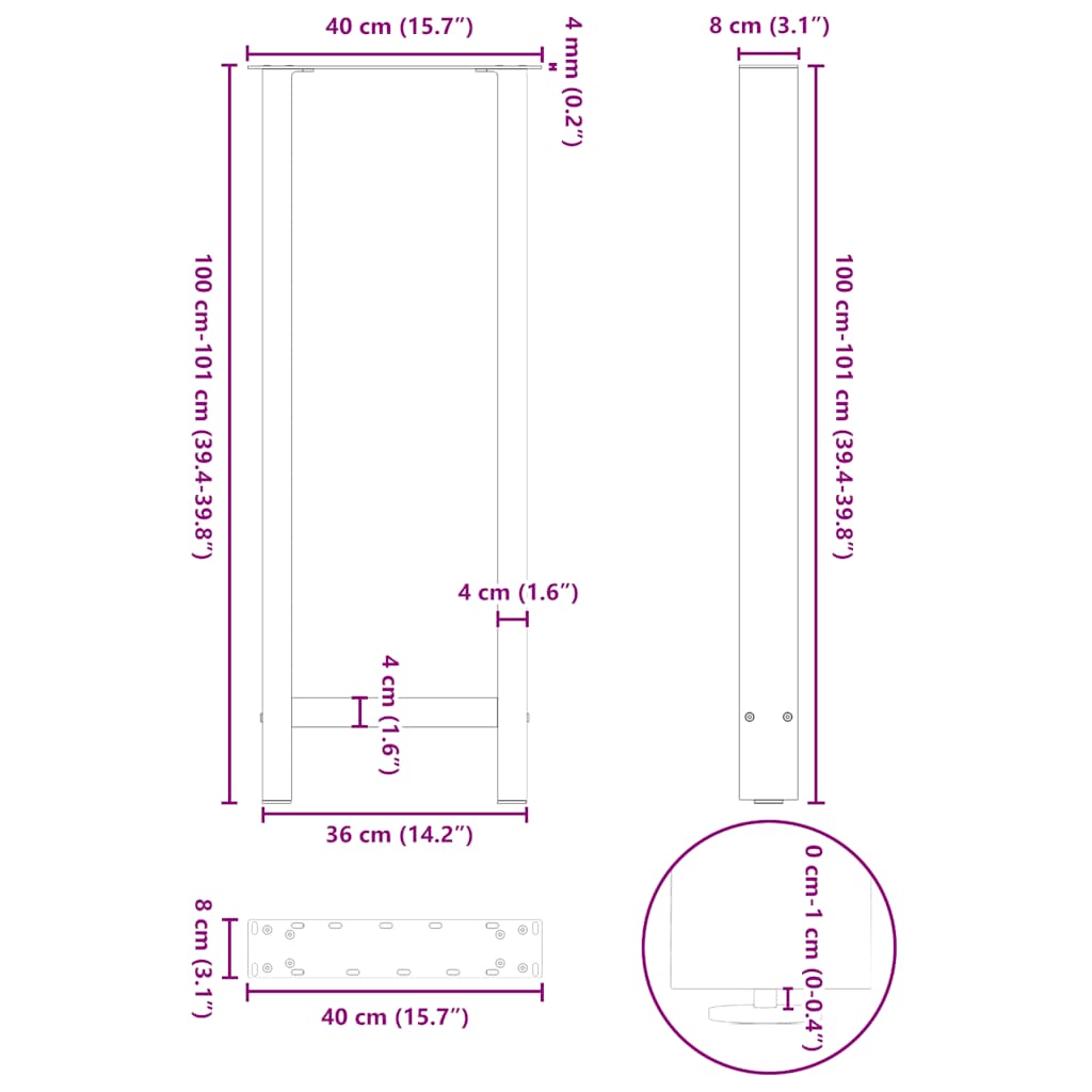 barbordsben antracit 2 stk. 40x(100-101) cm stål