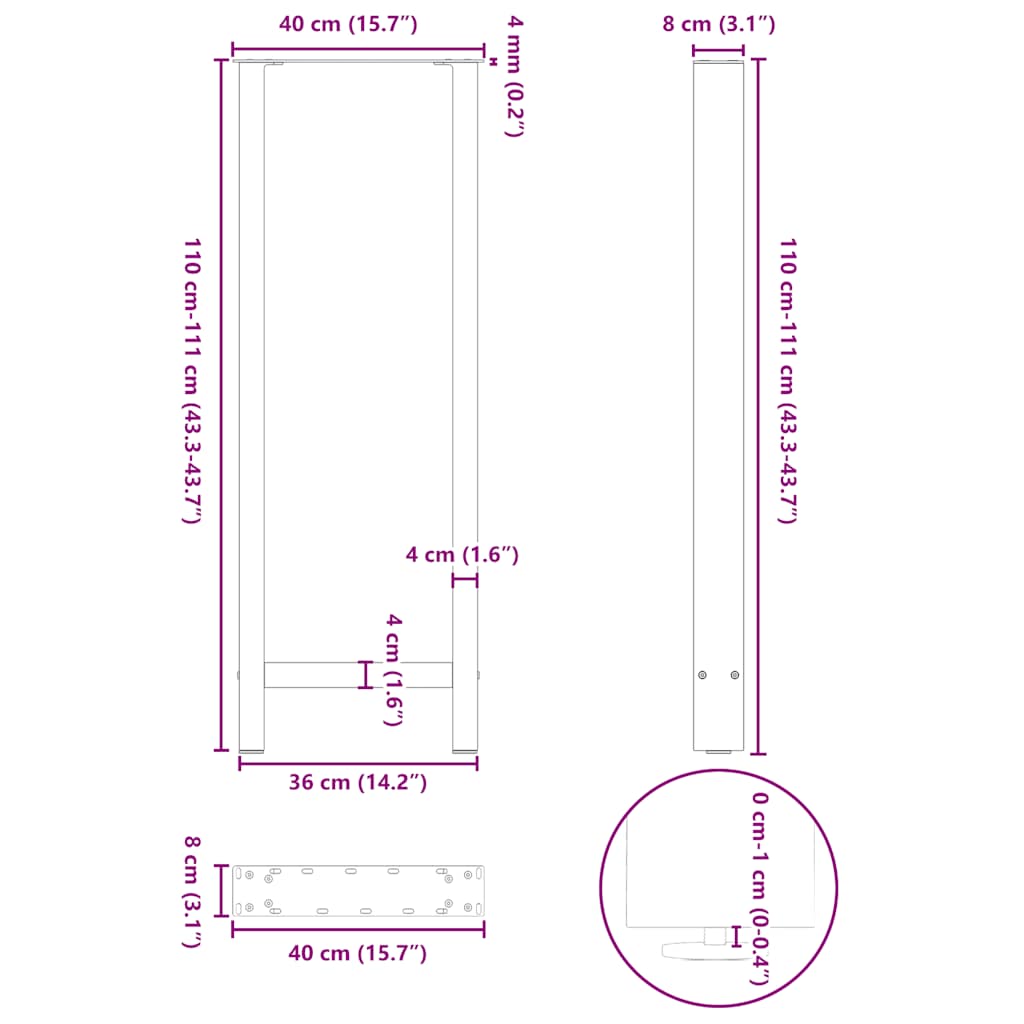 barbordsben naturstål 2 stk. 40x(110-111) cm stål