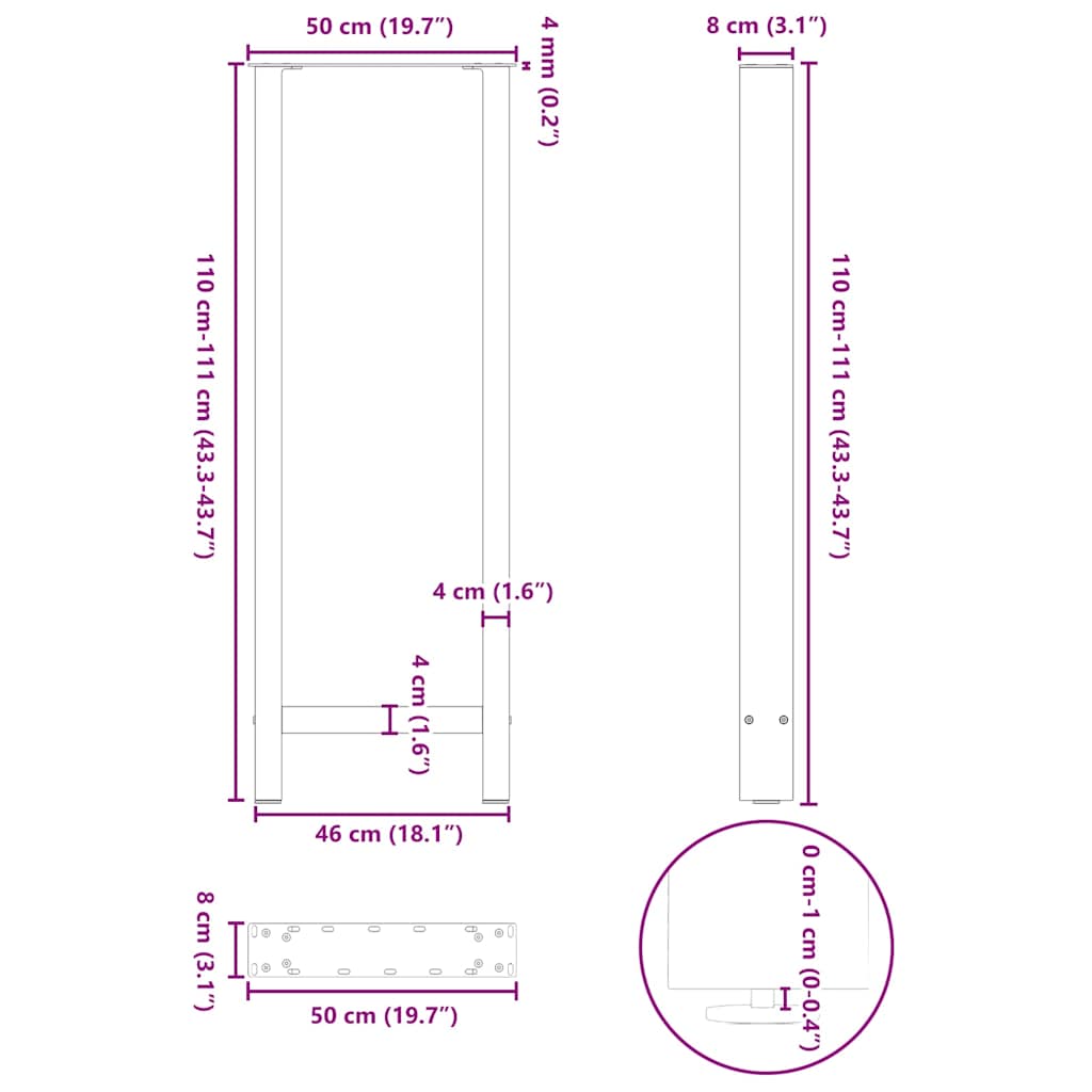 barbordsben hvide 2 stk. 50x(110-111) cm stål