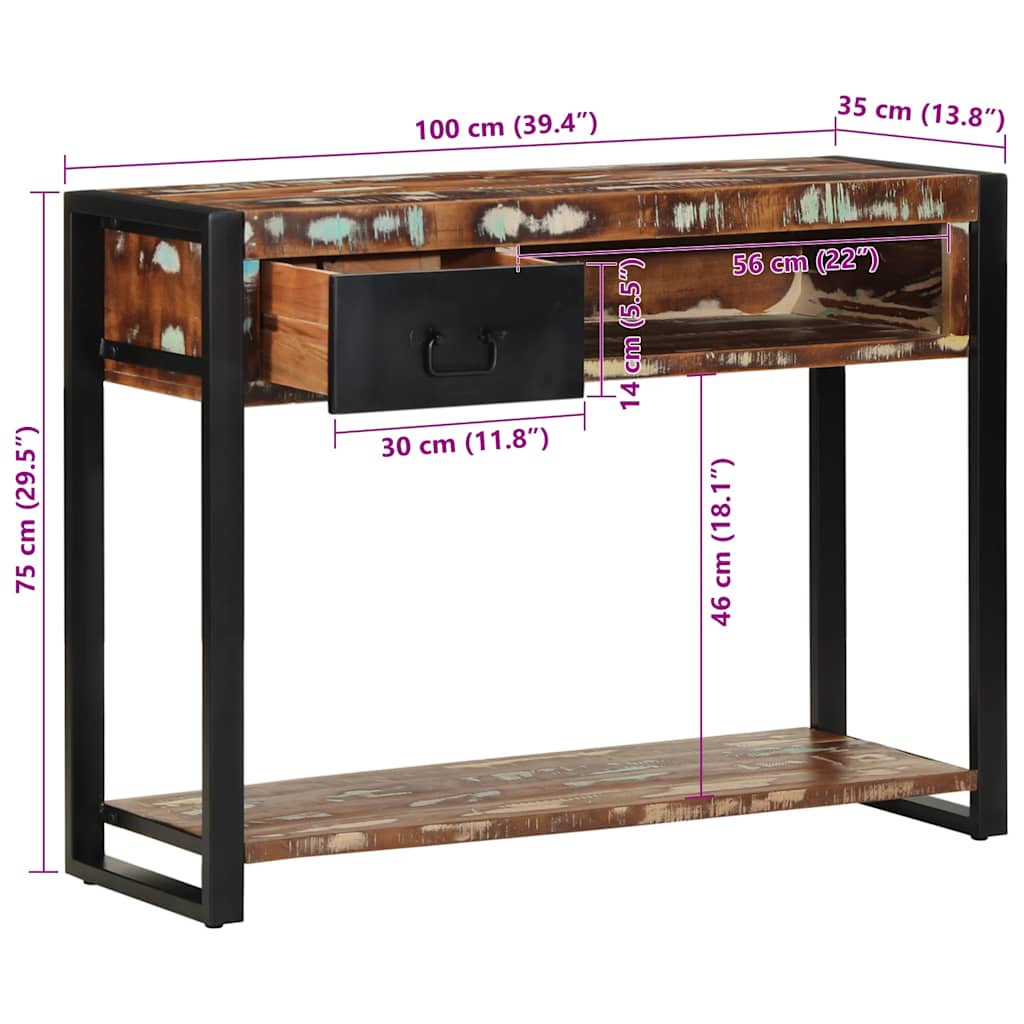 konsolbord 100x35x75 cm massivt genbrugstræ flerfarvet