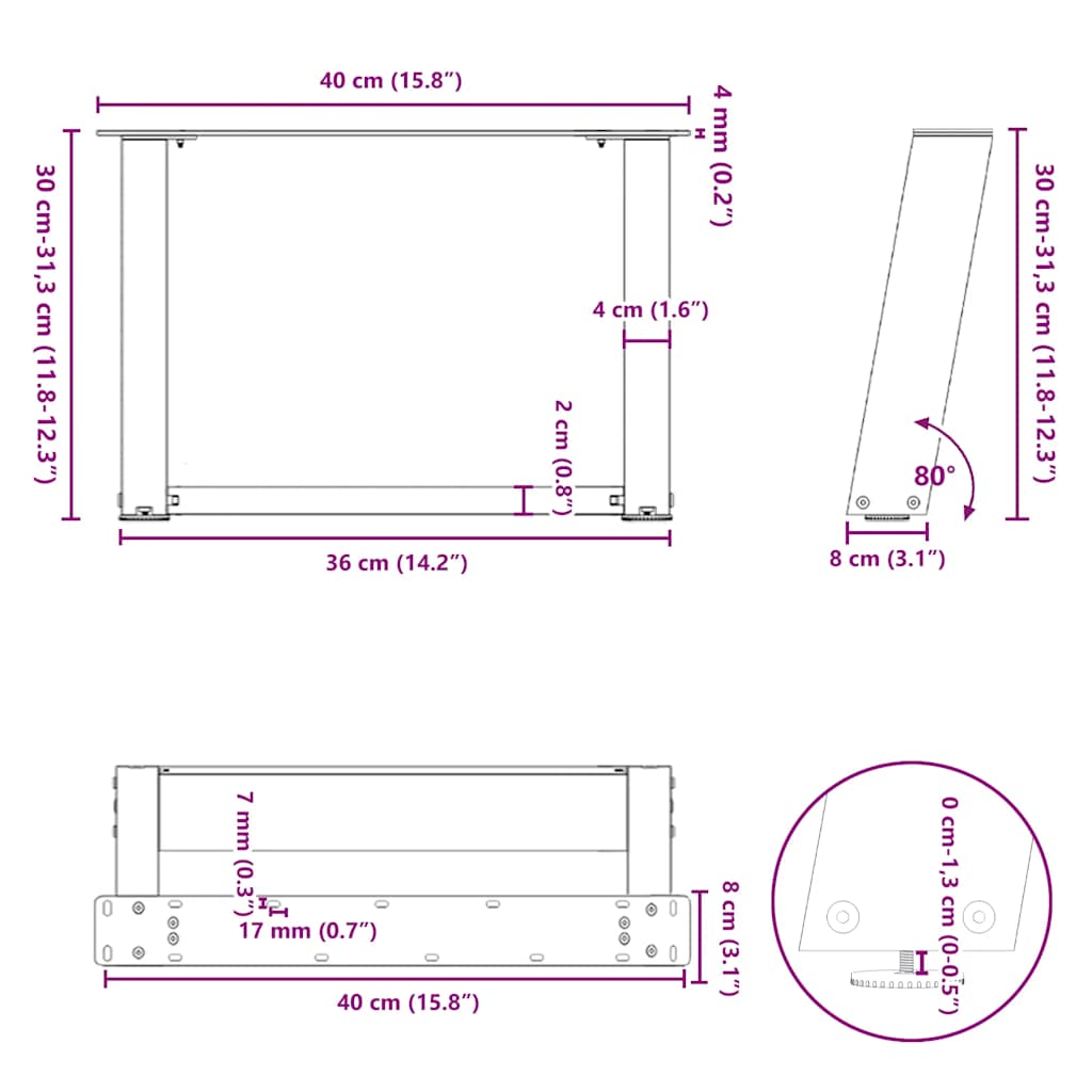 sofabordsben U-formet 2 stk. hvid 40x(30-31) cm stål