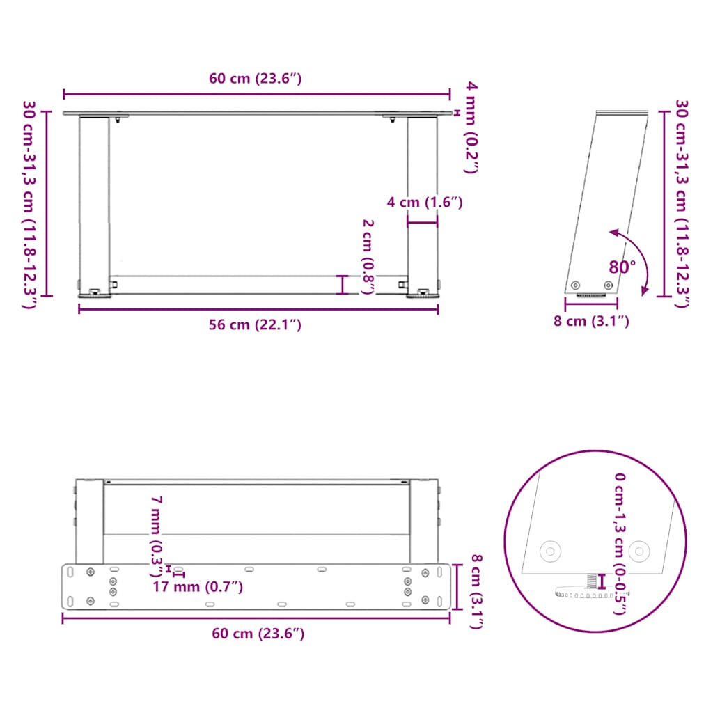 sofabordsben U-formet 2 stk. hvid 60x(30-31) cm stål