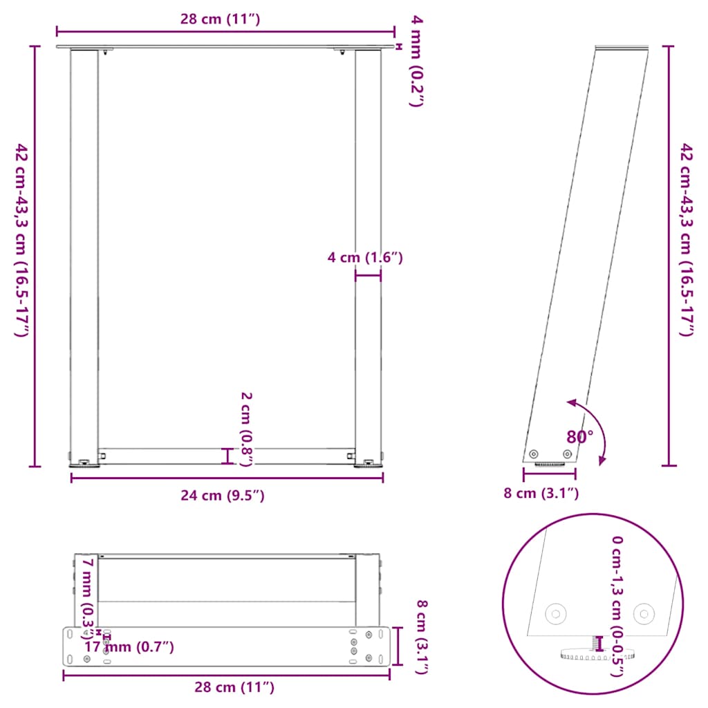 sofabordsben U-formet 2 stk. antracit 28 x (42-43) cm stål