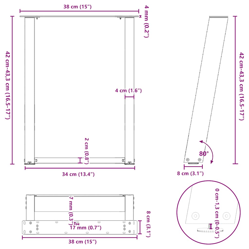 sofabordsben U-formet 2 stk. naturstål 38 x (42-43) cm stål