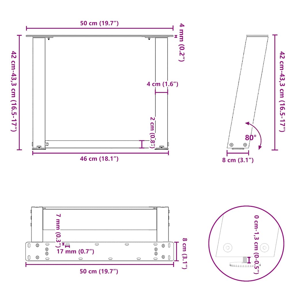 sofabordsben U-formet 2 stk. naturstål 50x(42-43) cm stål