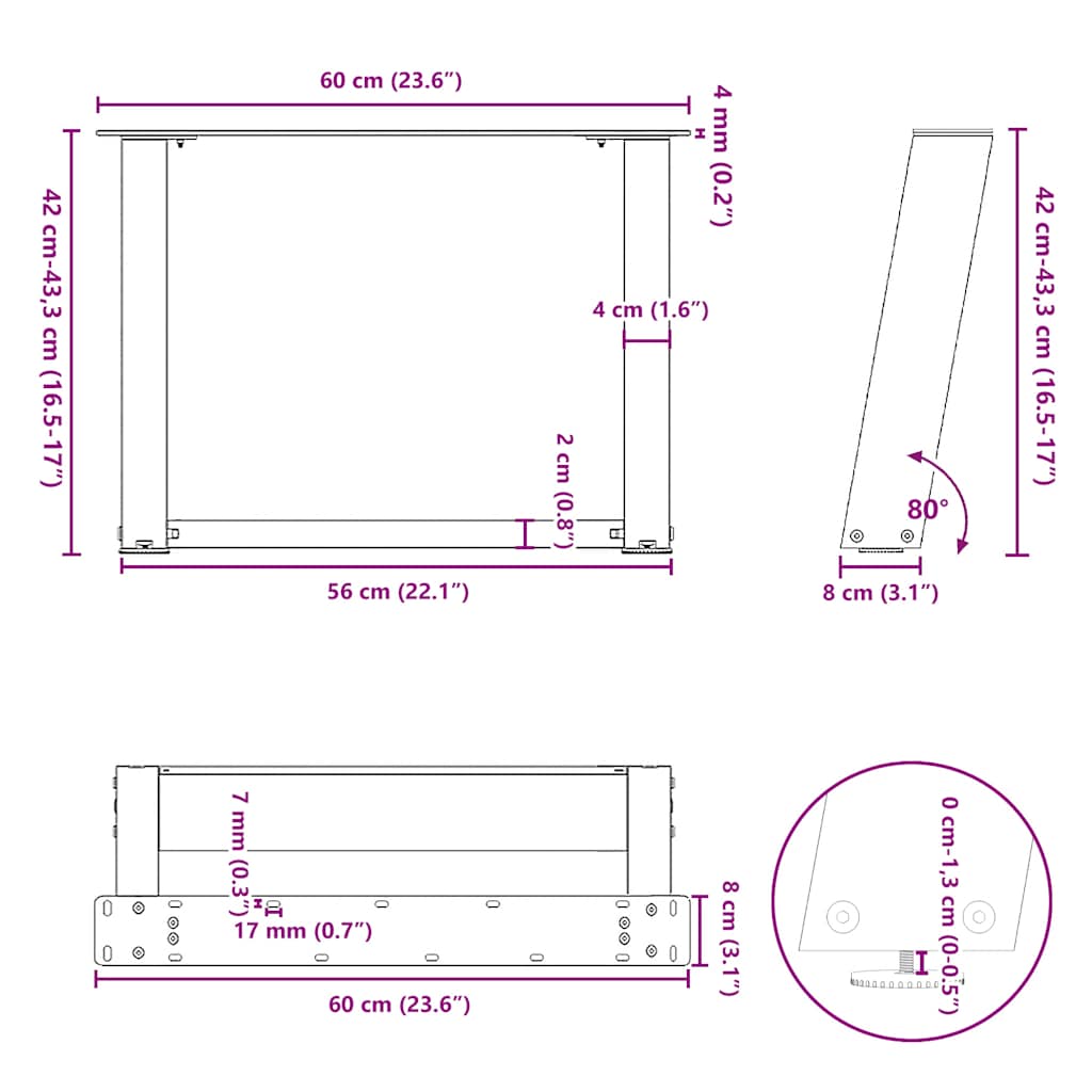 sofabordsben U-formet 2 stk. hvid 60 x (42-43) cm stål