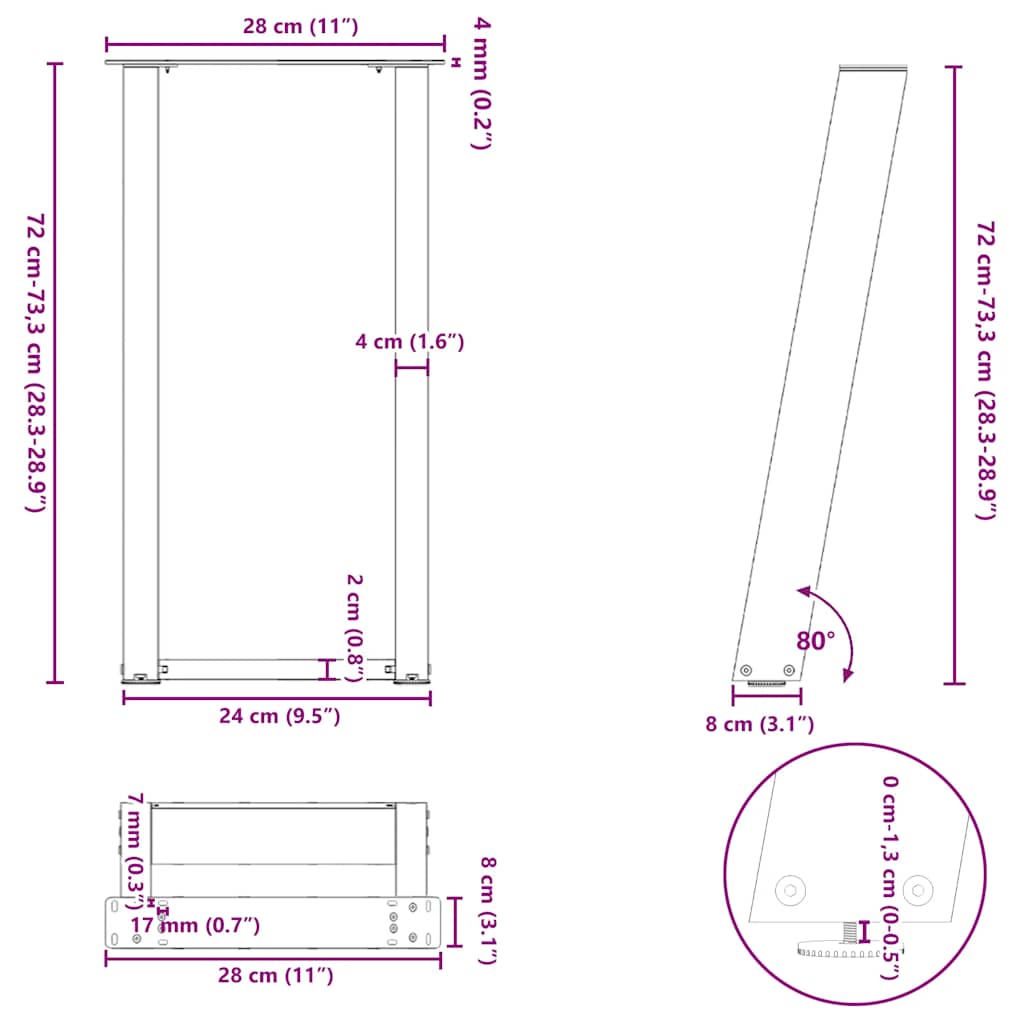 konsolbordben U-formet 2 stk. hvid 28 x (72-73) cm stål