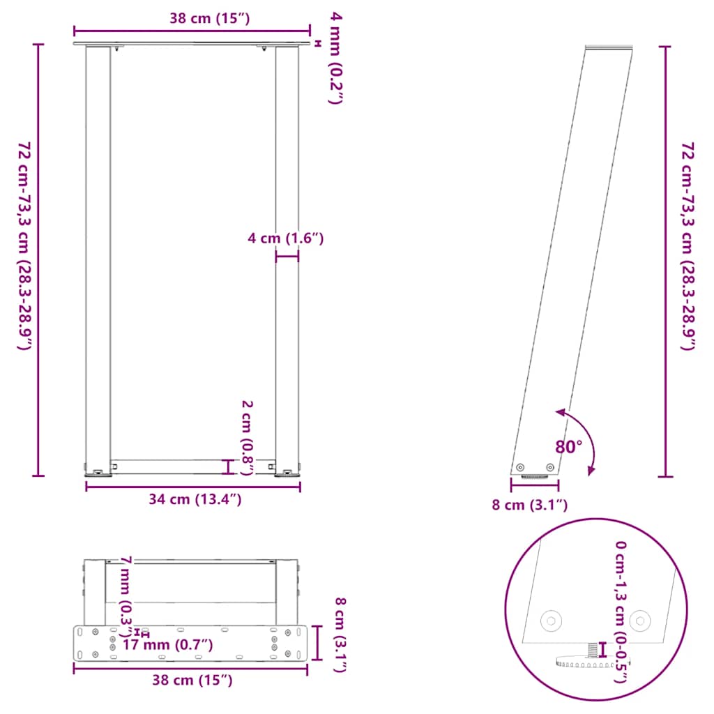 konsolbordben U-formet 2 stk. naturstål 38 x (72-73) cm stål