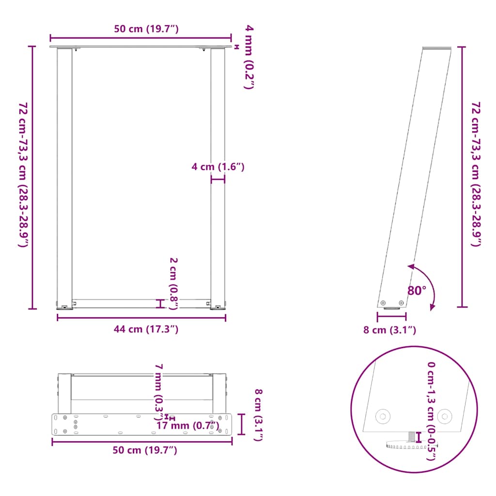spisebordsben U-formet 2 stk. naturstål 50x(72-73) cm stål