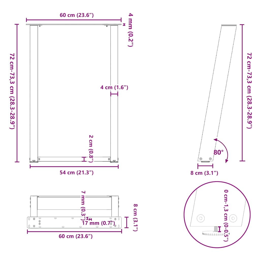 spisebordsben U-formet 2 stk. antracit 60 x (72-73) cm stål