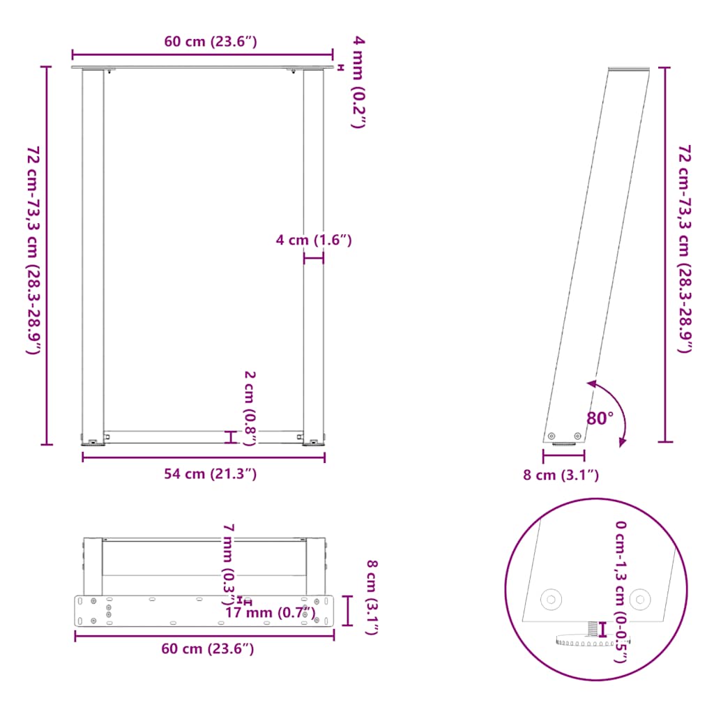 spisebordsben U-formet 2 stk. naturstål 60 x (72-73) cm stål