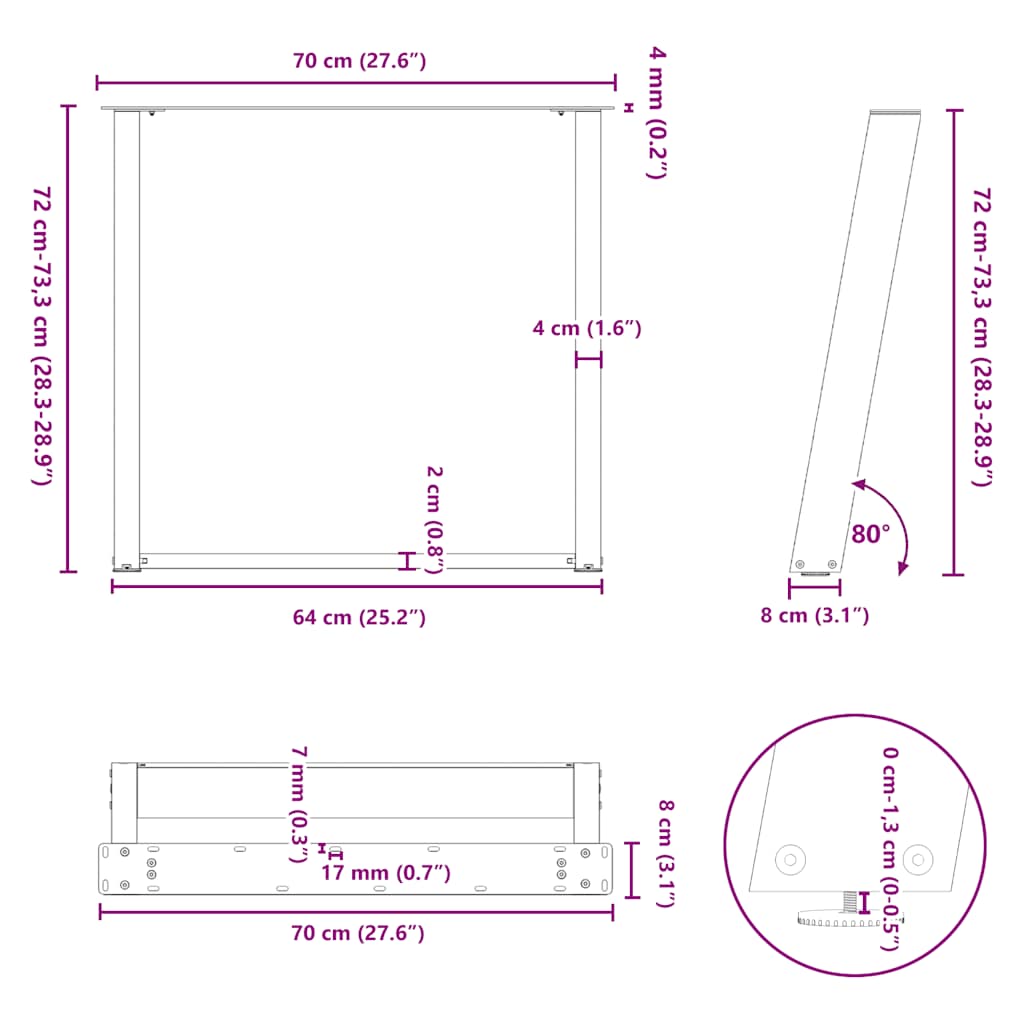 spisebordsben U-formet 2 stk. antracit 70 x (72-73) cm stål
