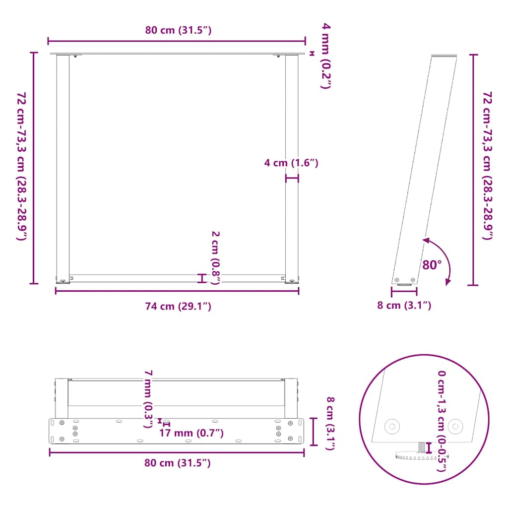 spisebordsben U-formet 2 stk. hvid 80x(72-73) cm stål