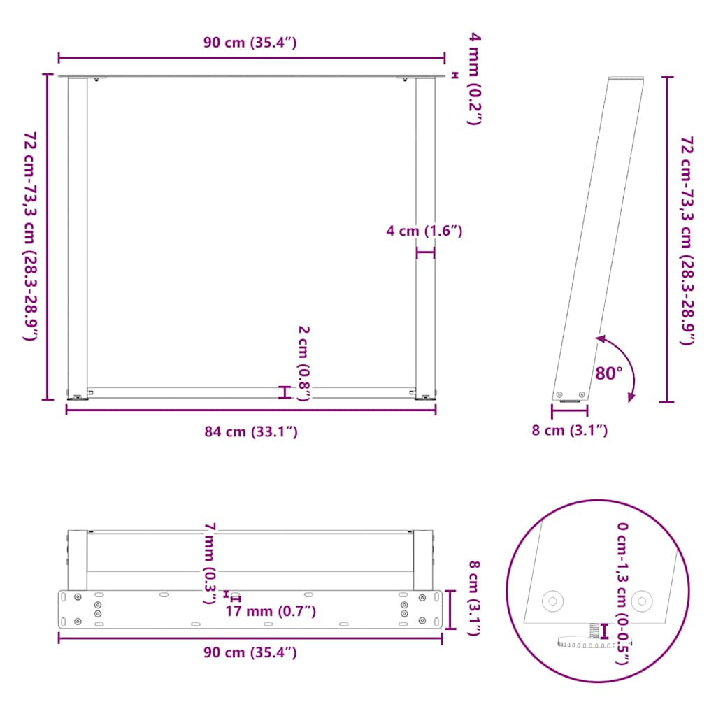 spisebordsben U-formet 2 stk. hvid 90 x (72-73) cm stål