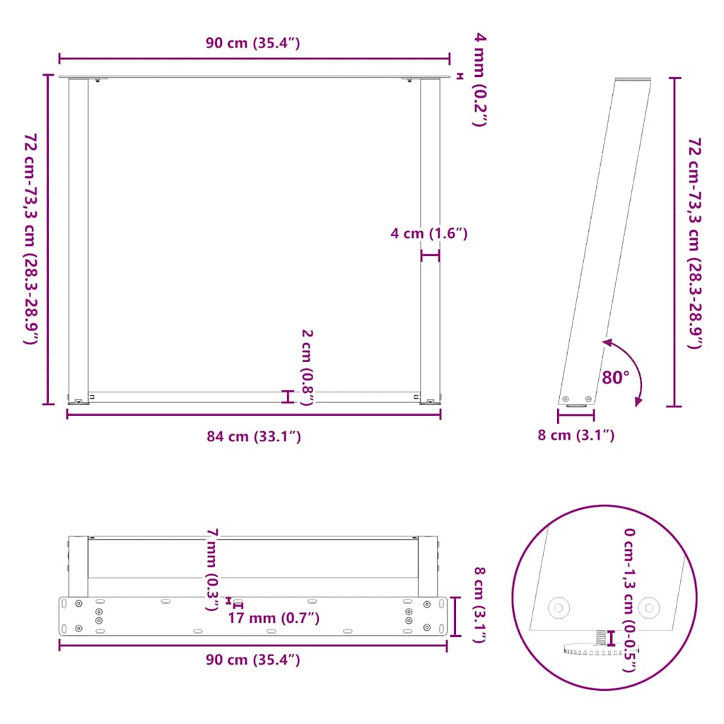 spisebordsben U-formet 2 stk. antracit 90x(72-73) cm stål