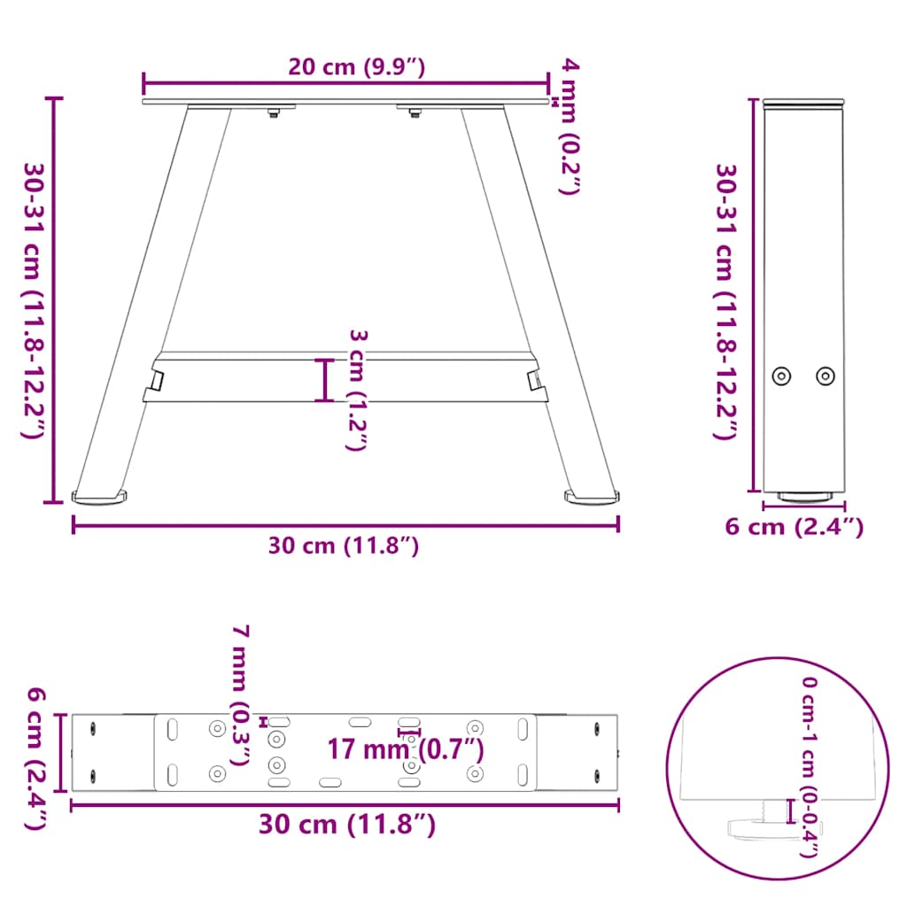 sofabordsben A-formet 2 stk. sort 30x(30-31) cm stål