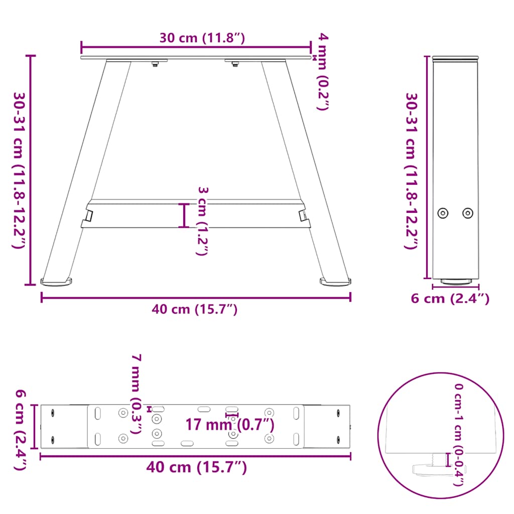 sofabordsben A-formet 2 stk. hvid 40x(30-31) cm stål
