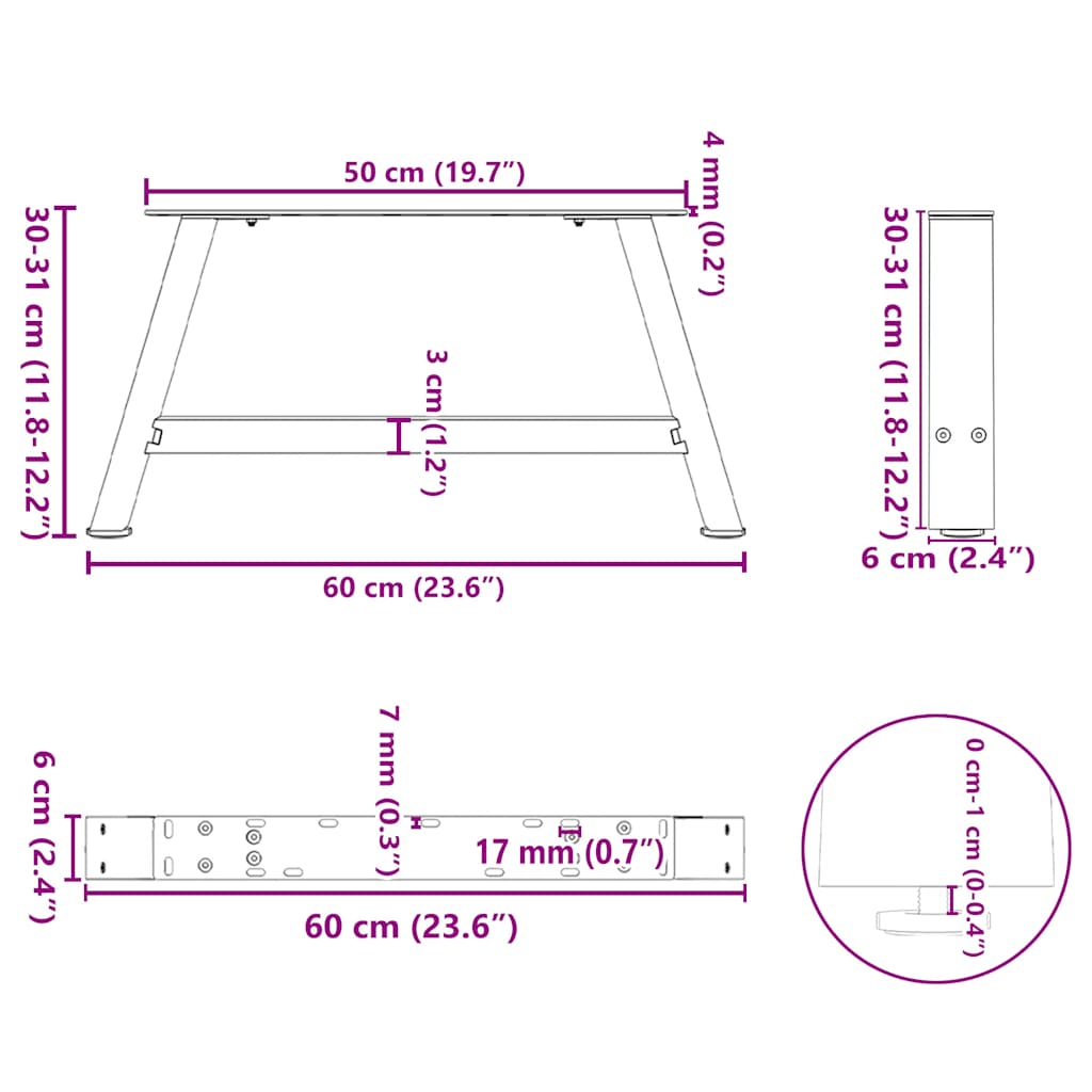 sofabordsben A-formet 2 stk. 60x(30-31) cm stål