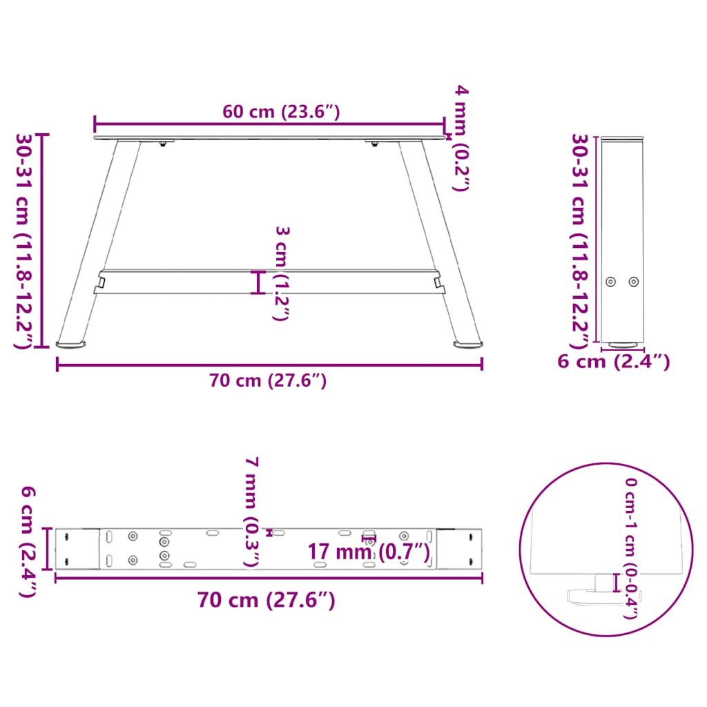 sofabordsben A-formet 2 stk. 70 x (30-31) cm stål