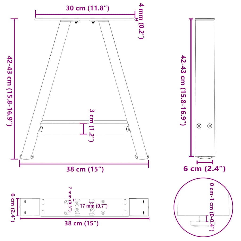 sofabordsben A-formet 2 stk. 38 x (42-43) cm stål