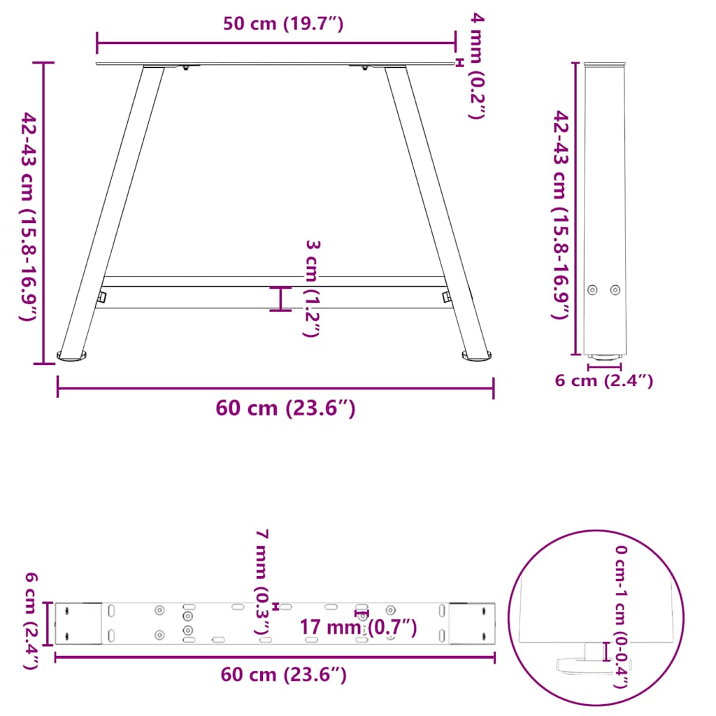 sofabordsben A-formet 2 stk. 60 x (42-43) cm stål