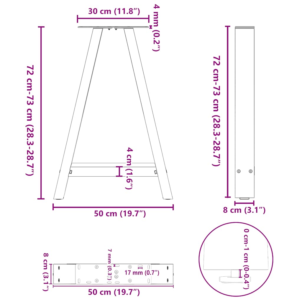 spisebordsben A-formet 2 stk. 50x(72-73) cm stål
