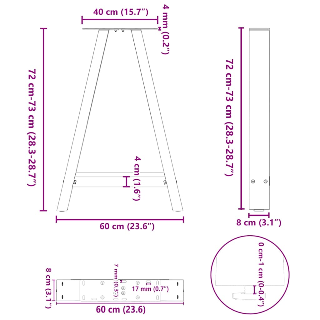 spisebordsben A-formet 2 stk. sort 60 x (72-73) cm stål