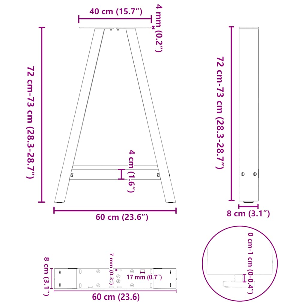 spisebordsben A-formet 2 stk. antracit 60 x (72-73) cm stål