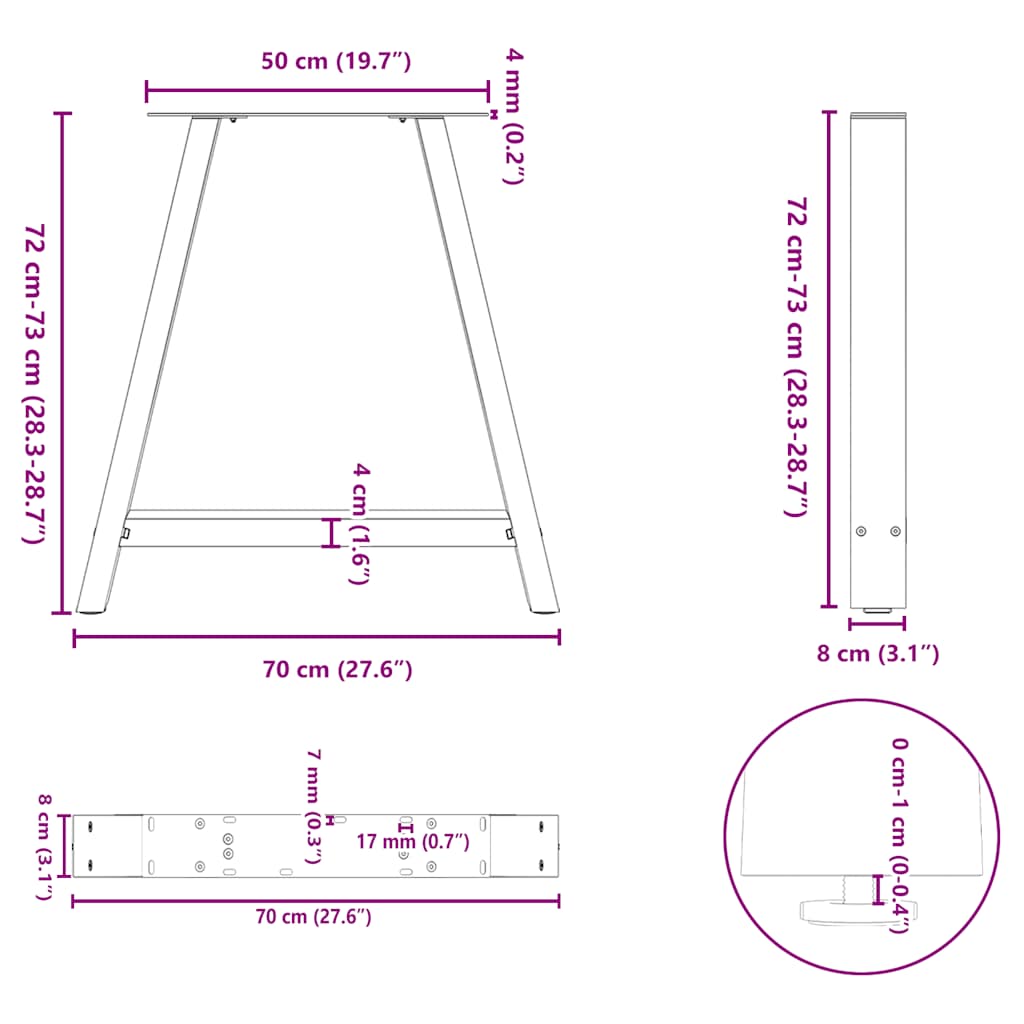 spisebordsben A-formet 2 stk. 70 x (72-73) cm stål